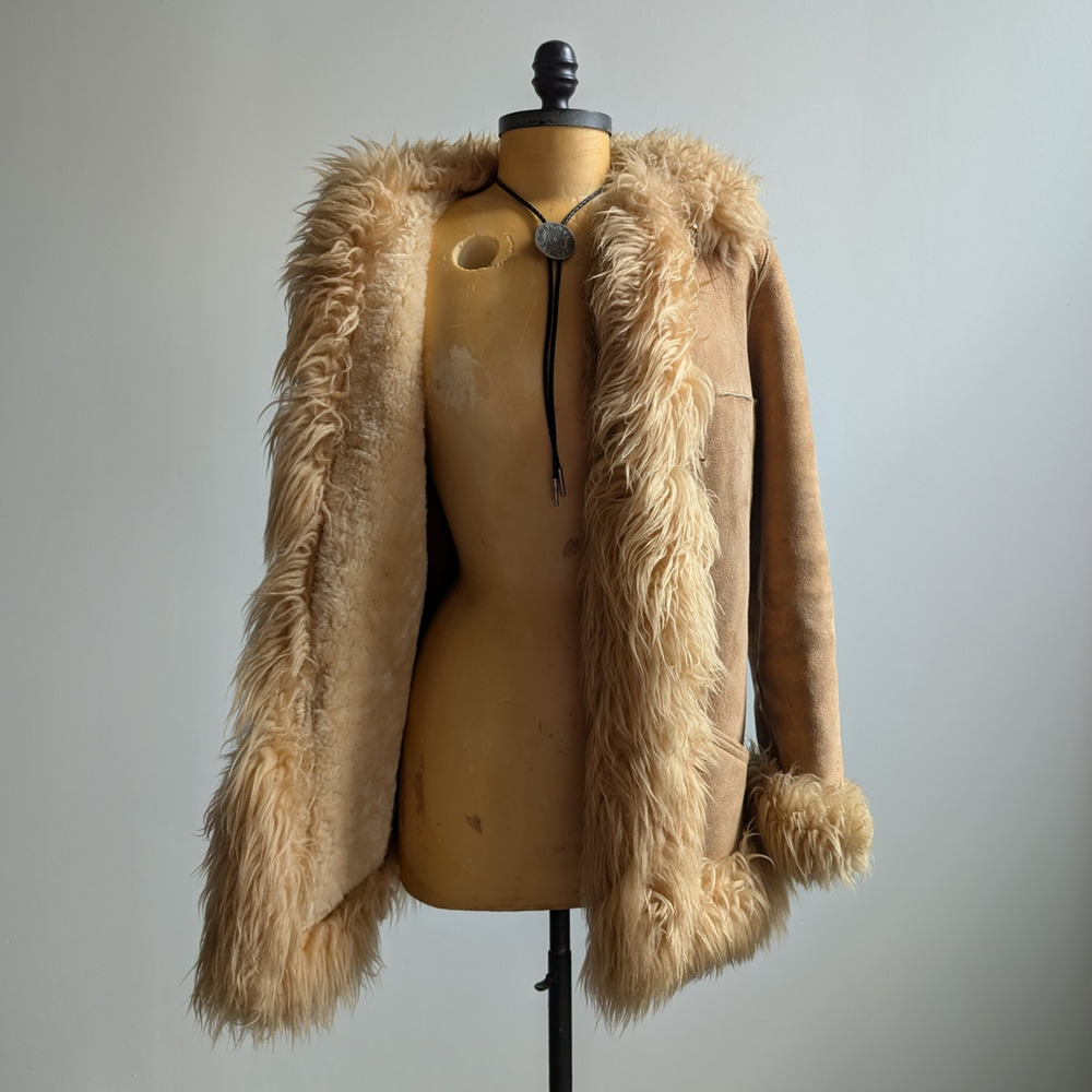 70s Vintage Brown Leather Penny Lane Coat Tan Suede Fur Groovy Boho Afghan Coat - Picture 4 of 10